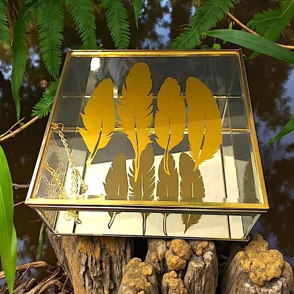 Feather Print Glass Trinket Box Vintage 90s Jewelry Gold Tone Western Bohemian - Picture 16 of 16